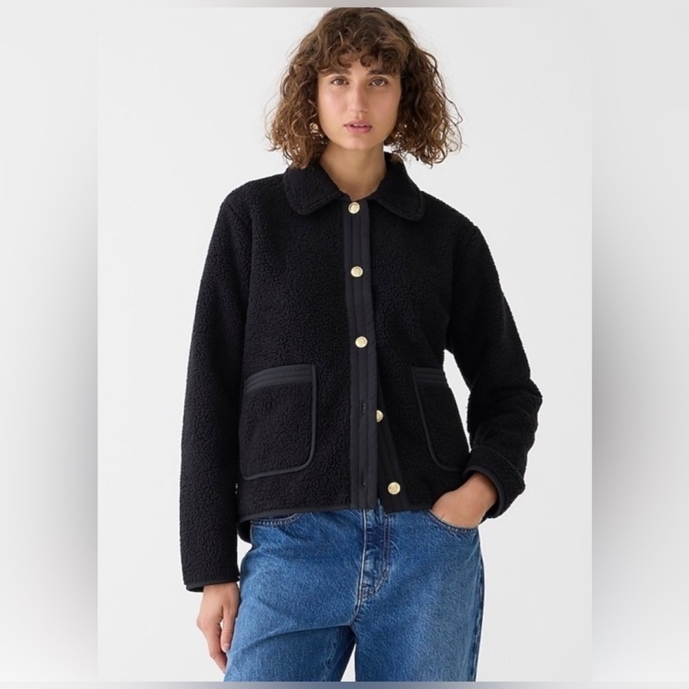 J.Crew Teddy Sherpa Lady Jacket Gold Buttons Small Black Preppy Classic Chic